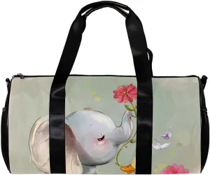Gym Bag for Women,Small Gym Bag for Men,Flower Bush Rabbit and Elephant,Overnight Bag
