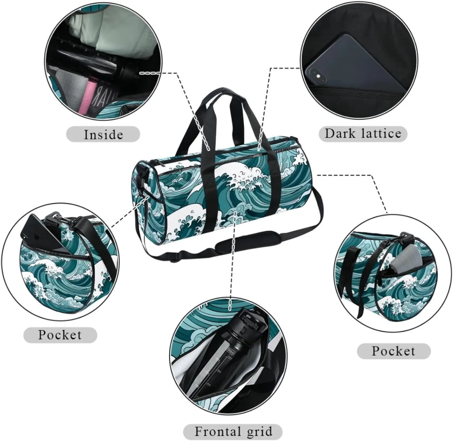 Gym Bag for Women,Small Gym Bag for Men,Sea Abstract Floral Waves,Overnight Bag