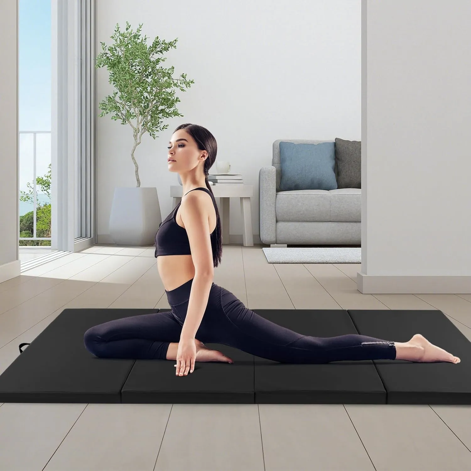 GYMAX Gymnastics Mat, 4 FT x 10 FT x 2 Inches Folding Exercise Mat w/Carrying Handles, Hook & Loop Fasteners, Tumbling Mat Waterproof for Yoga, Stretching, Home Gym