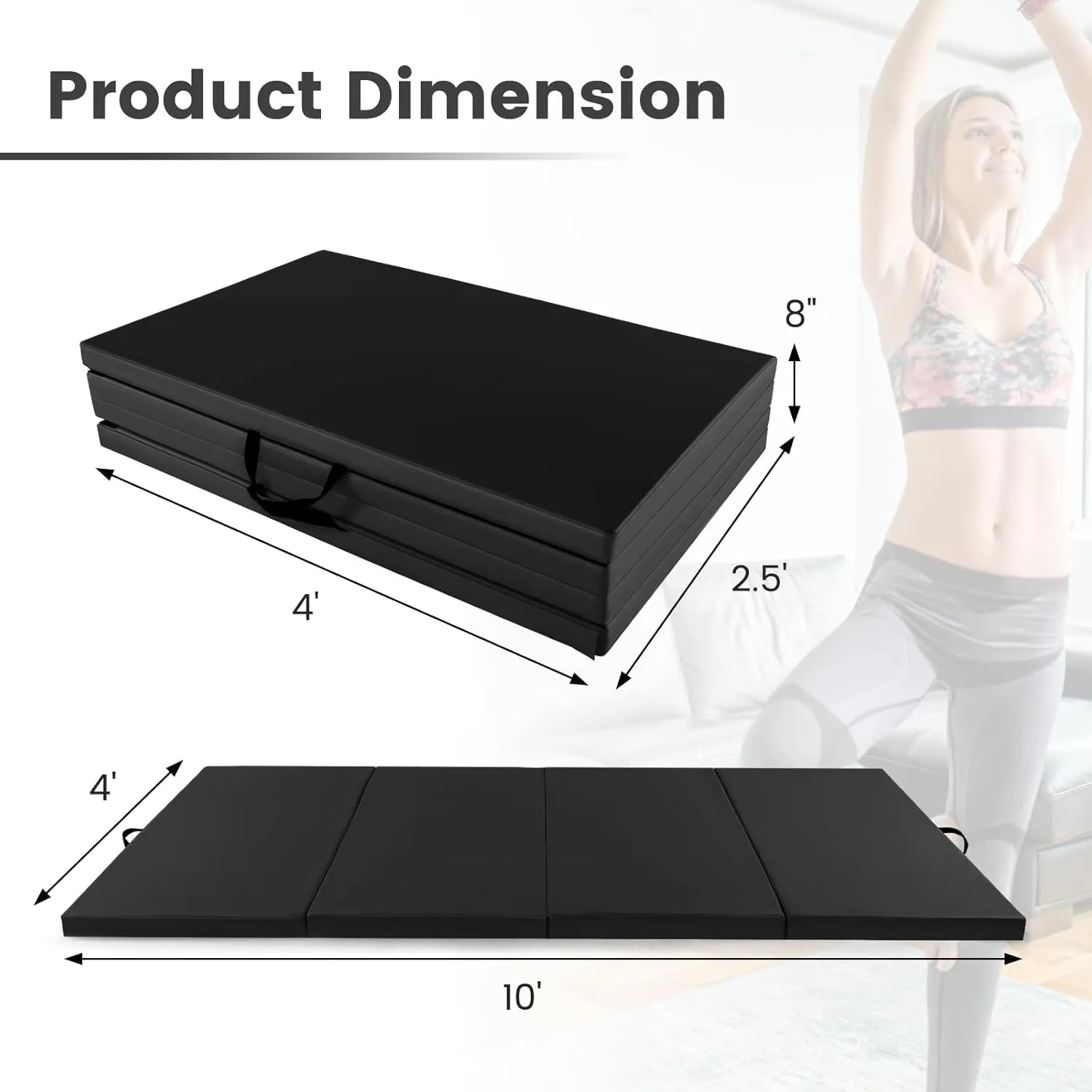 GYMAX Gymnastics Mat, 4 FT x 10 FT x 2 Inches Folding Exercise Mat w/Carrying Handles, Hook & Loop Fasteners, Tumbling Mat Waterproof for Yoga, Stretching, Home Gym