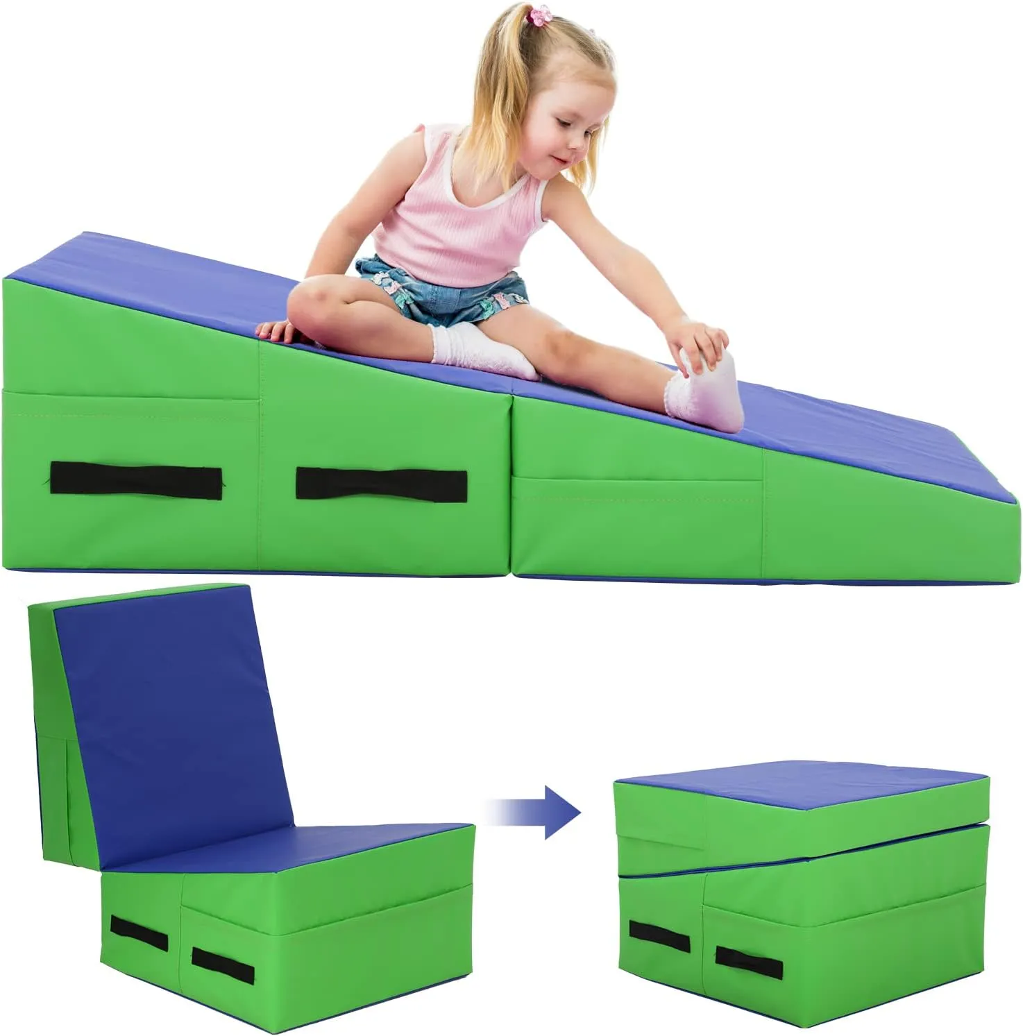Gymnastics Cheese Mat for Kid Adult, 48"X24"X14" Folding Tumbling Mat for Home Gym, Incline Wedge With Non-Slip PVC Surface & Handle
