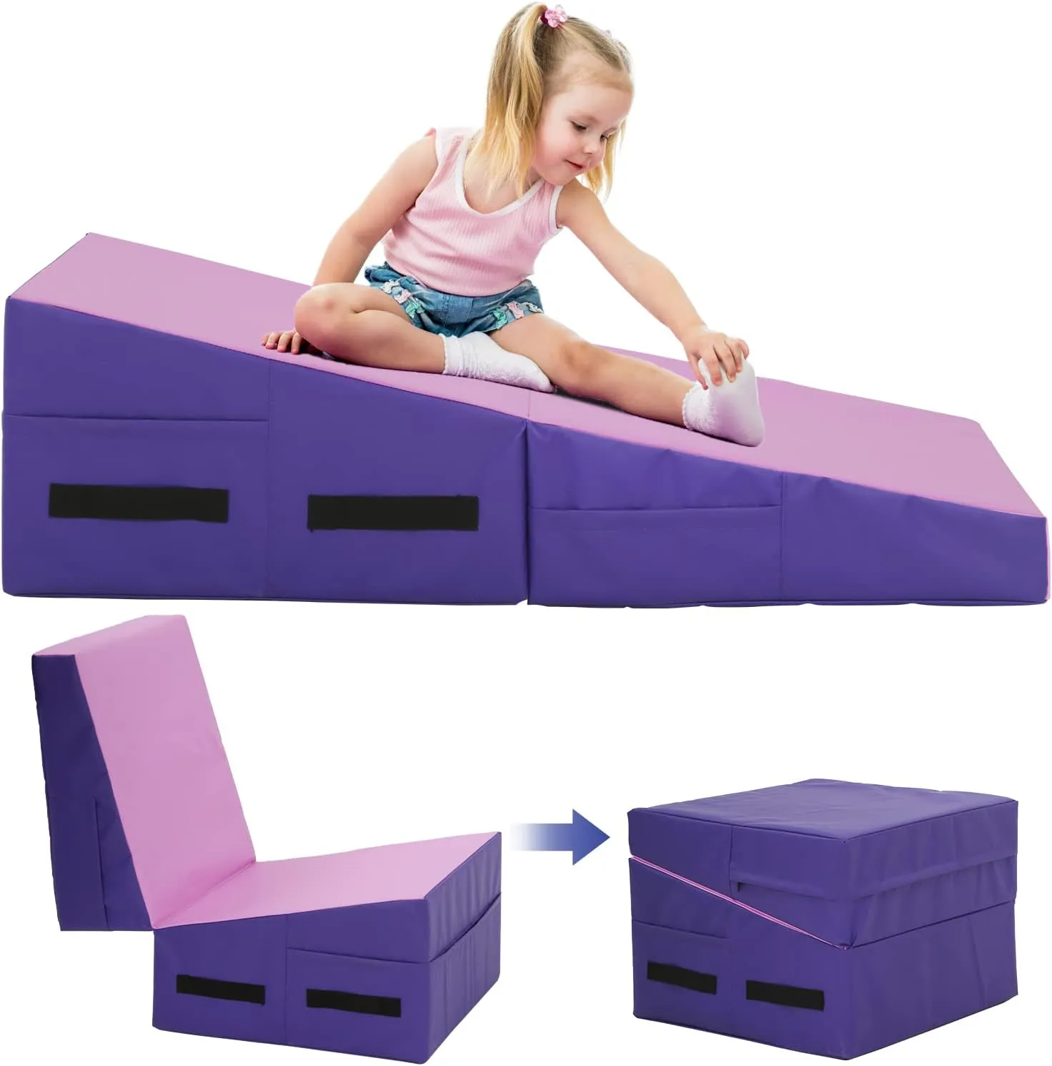 Gymnastics Cheese Mat for Kid Adult, 48"X24"X14" Folding Tumbling Mat for Home Gym, Incline Wedge With Non-Slip PVC Surface & Handle