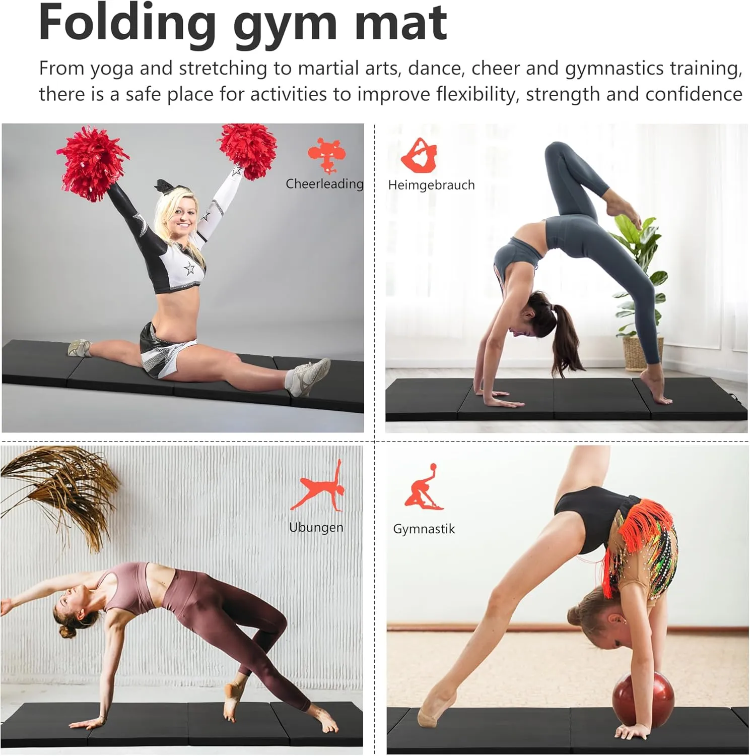 Gymnastics Tumbling Mats Portable Gymnastics Mat Foldable Tumbling Mat Thick PU Leather Exercise Mat Yoga Mat with Carrying Handles for home Workout outdoor Yoga Gymnastics