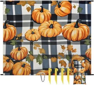 Halloween Pumpkin Beach Blanket, Sandproof Beach Mat, 68 x 59 Waterproof Quick Drying Sand Free Mat with 4 x Ground Spikes for Outdoor Travel Camping Hiking, Black Buffalo Plaid