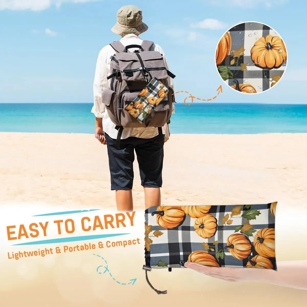 Halloween Pumpkin Beach Blanket, Sandproof Beach Mat, 68 x 59 Waterproof Quick Drying Sand Free Mat with 4 x Ground Spikes for Outdoor Travel Camping Hiking, Black Buffalo Plaid