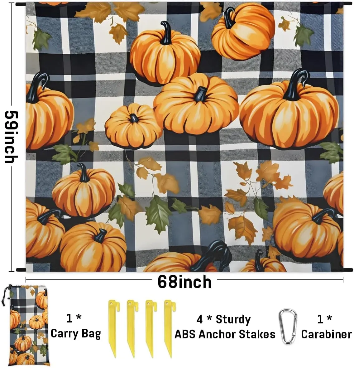 Halloween Pumpkin Beach Blanket, Sandproof Beach Mat, 68 x 59 Waterproof Quick Drying Sand Free Mat with 4 x Ground Spikes for Outdoor Travel Camping Hiking, Black Buffalo Plaid