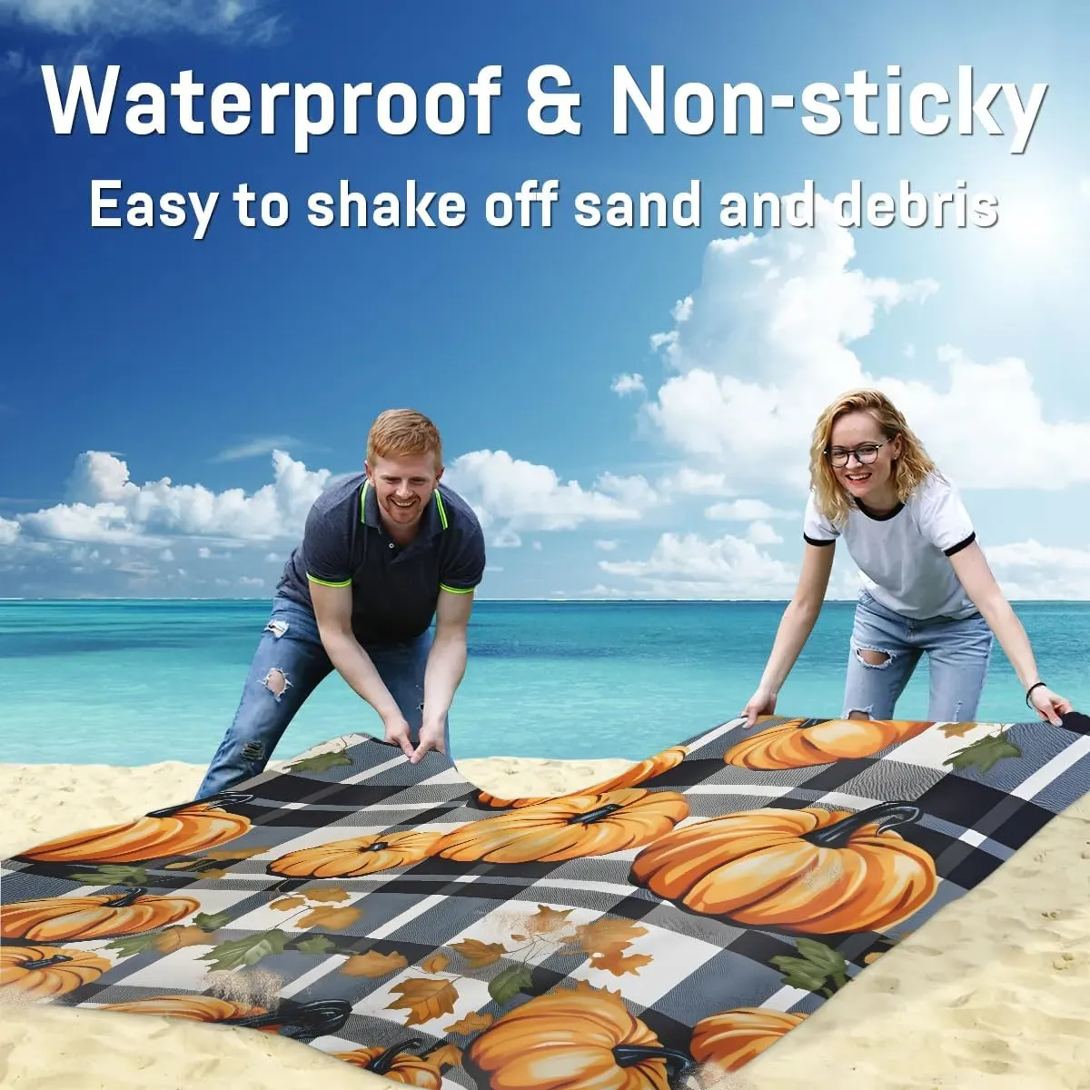 Halloween Pumpkin Beach Blanket, Sandproof Beach Mat, 68 x 59 Waterproof Quick Drying Sand Free Mat with 4 x Ground Spikes for Outdoor Travel Camping Hiking, Black Buffalo Plaid