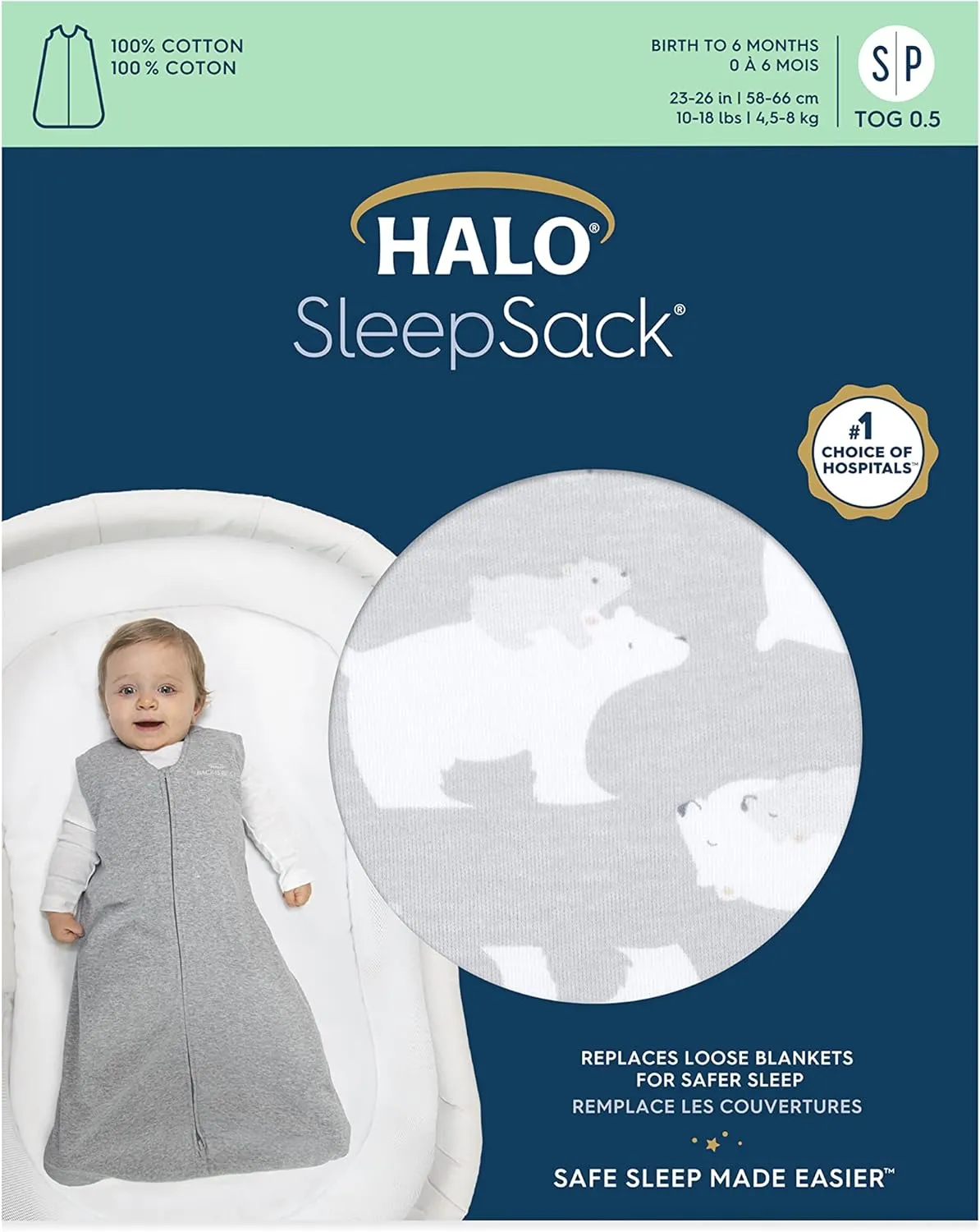 HALO SleepSack, 100% Cotton Wearable Blanket, Swaddle Transition Sleeping Bag, TOG 0.5