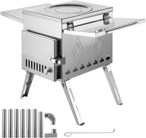 Happybuy Tent Wood Stove 18.1x15x27.2 inch, Camping Wood Stove 304 Stainless Steel With Folding Pipe, Portable Wood Stove 113 inch Total Height For Camping, Tent Heating, Hunting, Outdoor Cooking