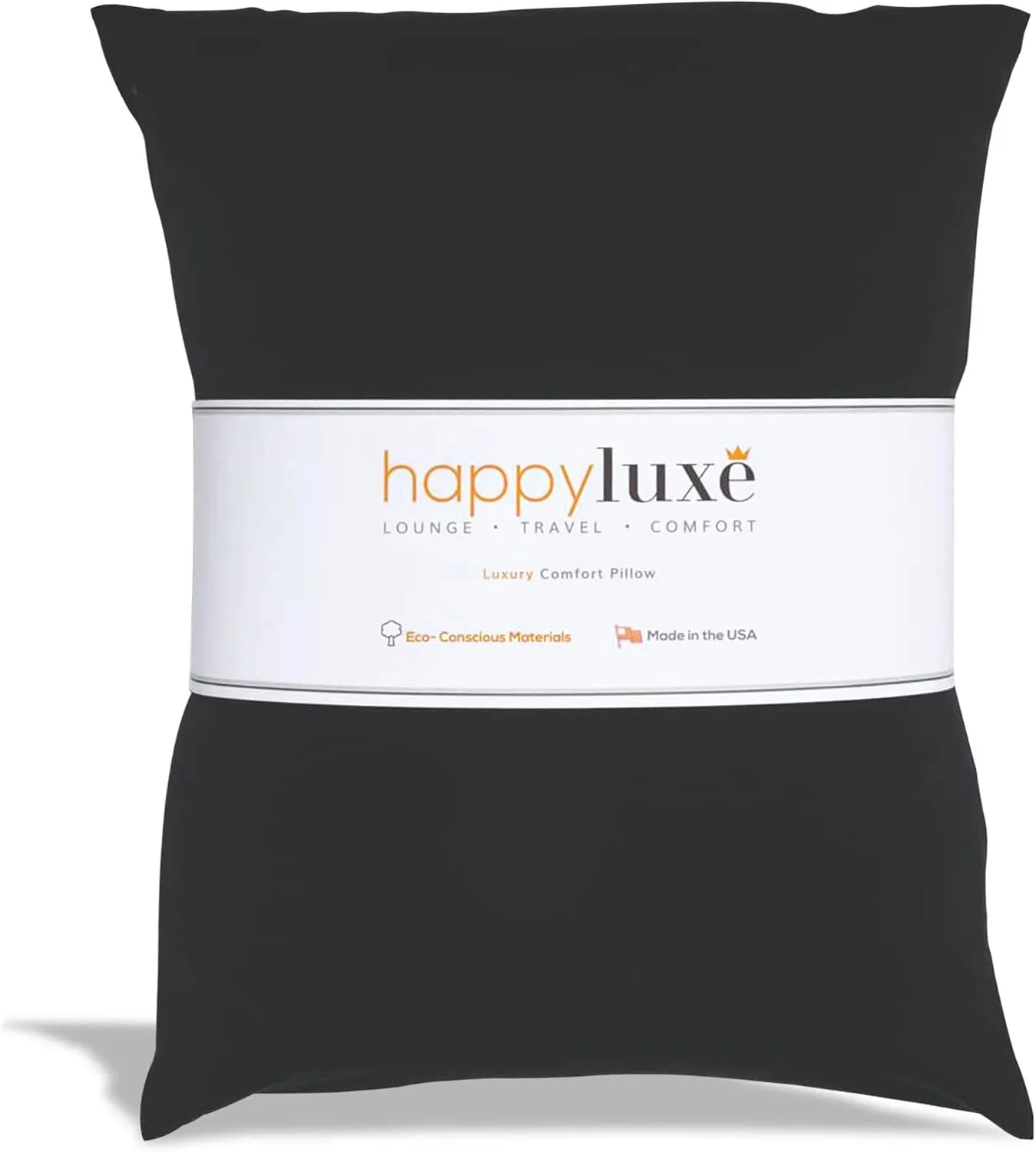 Happyluxe Odyssey Travel Pillow for Long Flights - Soft, Small, Alternative to Down and Memory Foam. 17 x 13in - Made in The USA, Jet Black Airplane Pillow for Adults Sleeping, Camping or Nap