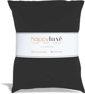 Happyluxe Odyssey Travel Pillow for Long Flights - Soft, Small, Alternative to Down and Memory Foam. 17 x 13in - Made in The USA, Jet Black Airplane Pillow for Adults Sleeping, Camping or Nap