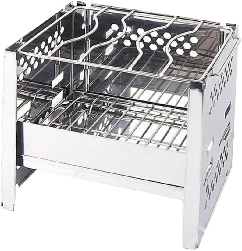 Happyyami Portable Camping Grill Mini BBQ Stove Stainless Steel Square Burner Outdoor Cookware Windscreen Included