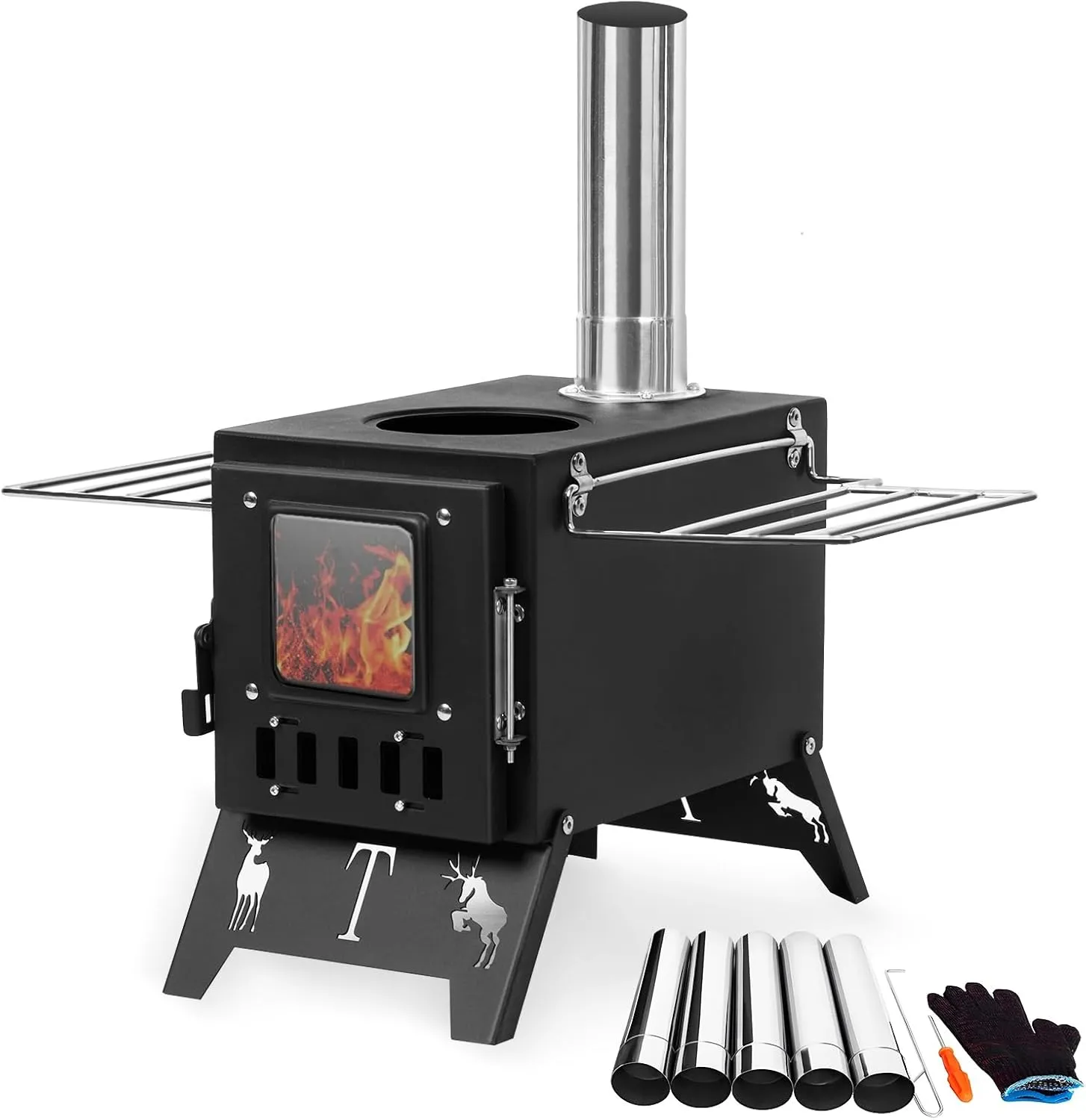 hatleues Wood Burning Stove, Small Folding Woodstove Portable Wood Stove for Tent, Camping,Hiking,Hot Tent Stove for Heating, Stainless Steel Wood Stove with 5 Pipes