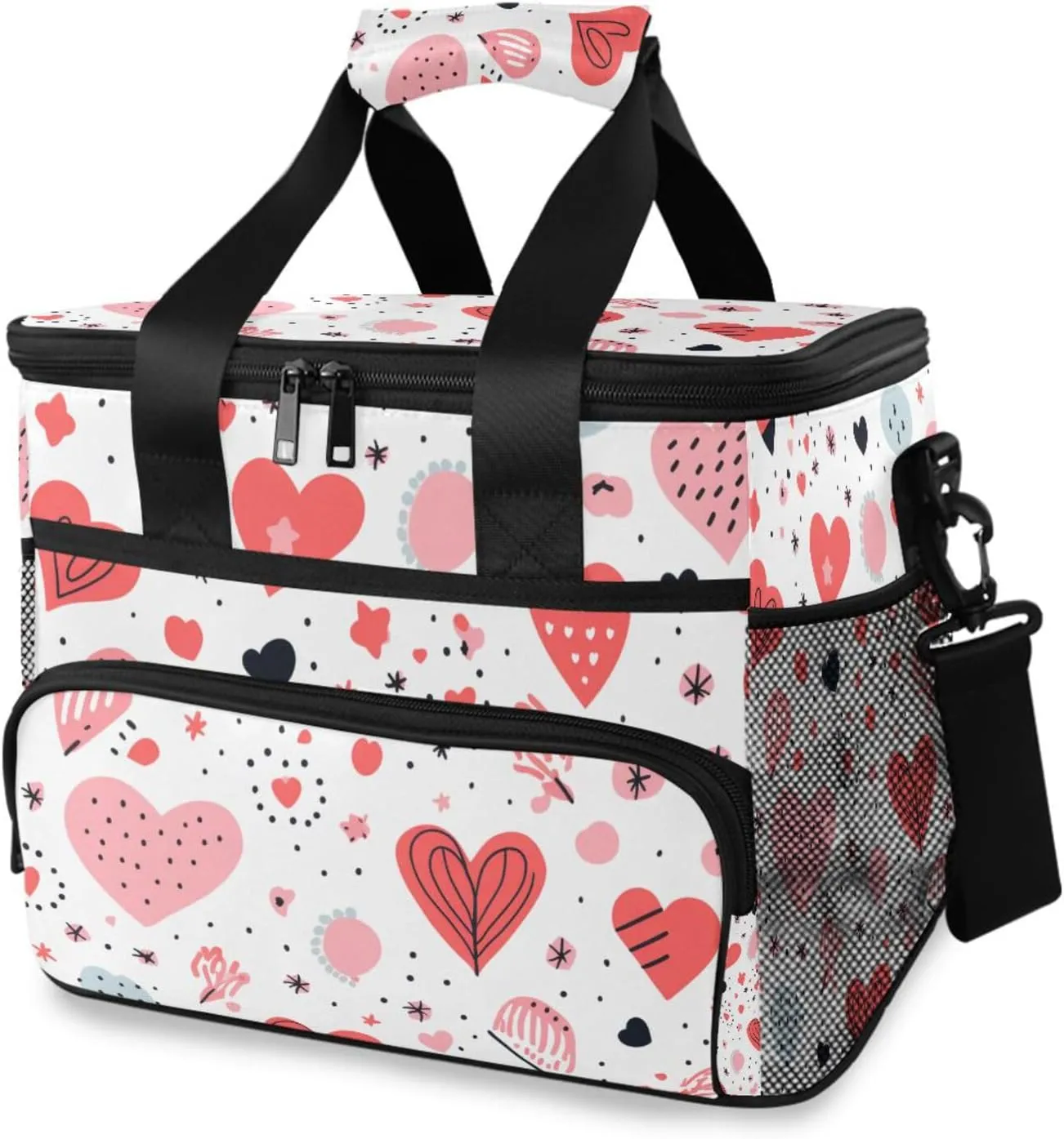 Heart White Doodle Cooler Bag Insulated Cooler Soft Sided Cooler 24 Can Portable Picnic Bag Large Leakproof Lunch Bag Box for Beach Grocery Camping Travel Car Men Women