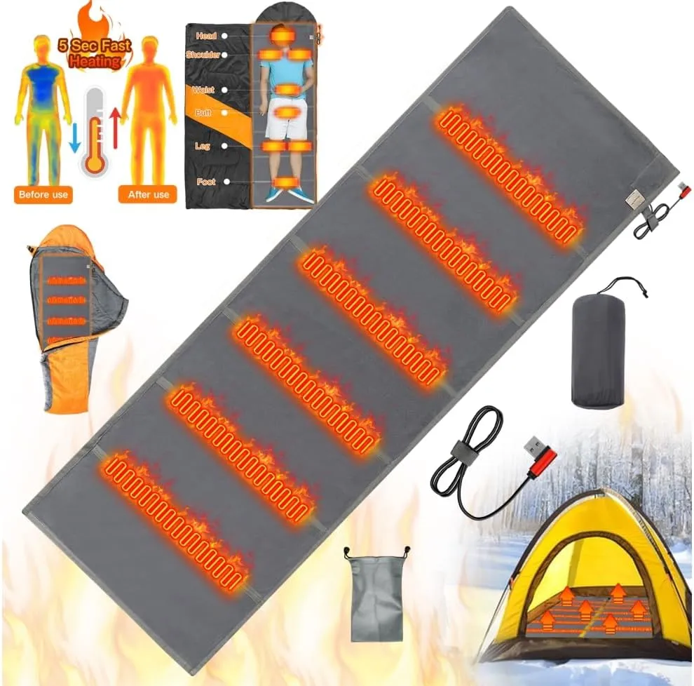 Heated Sleeping Bag Liner - USB Heating Pad for Backpacking Camping Electric Sleeping Bag Heater (Grey, 75 x 25inch)