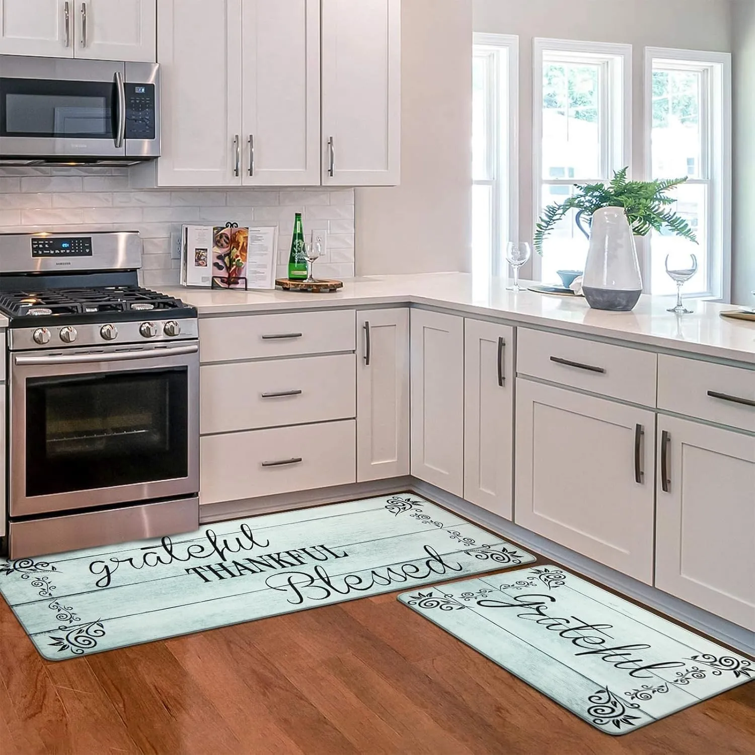 HEBE Anti Fatigue Kitchen Mat Set of 2 Non Slip Cushioned Kitchen Mats for Floor Waterproof Farmhouse Kitchen Rugs and Mats Set Comfort Standing Desk Mat Carpet for Sink,Office,Laundry
