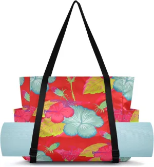 Hibiscus Leaves Energetic Red Yoga Mat Bag for Women Water-Resistant Gym Bag with Yoga Mat Holder Tote Bag for Yoga Mat Blocks