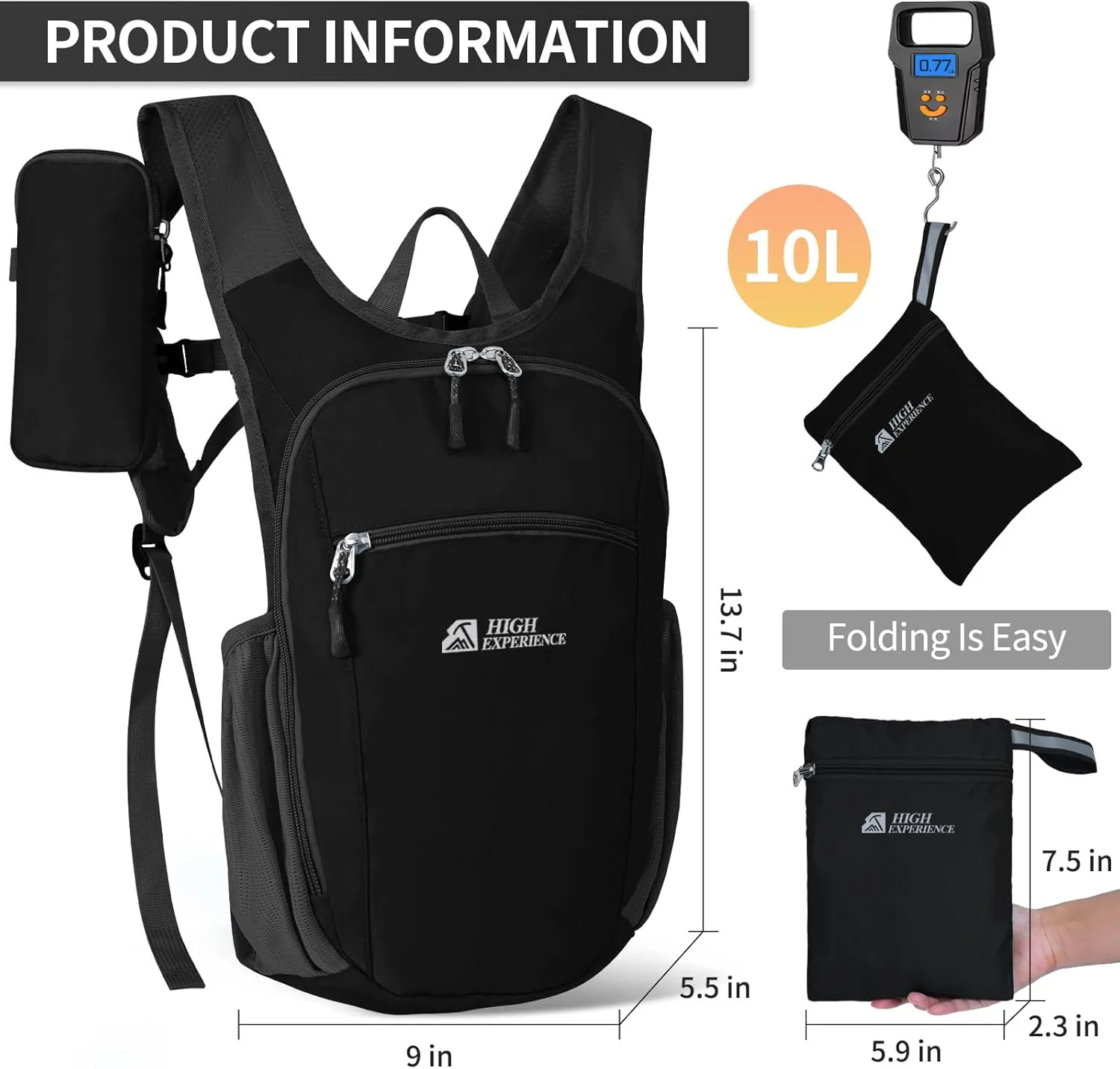 Hiking Backpack 10L/15L Small Daypack Lightweight Packable Travel Foldable Water Resistan for Women Men (Black, 10L)