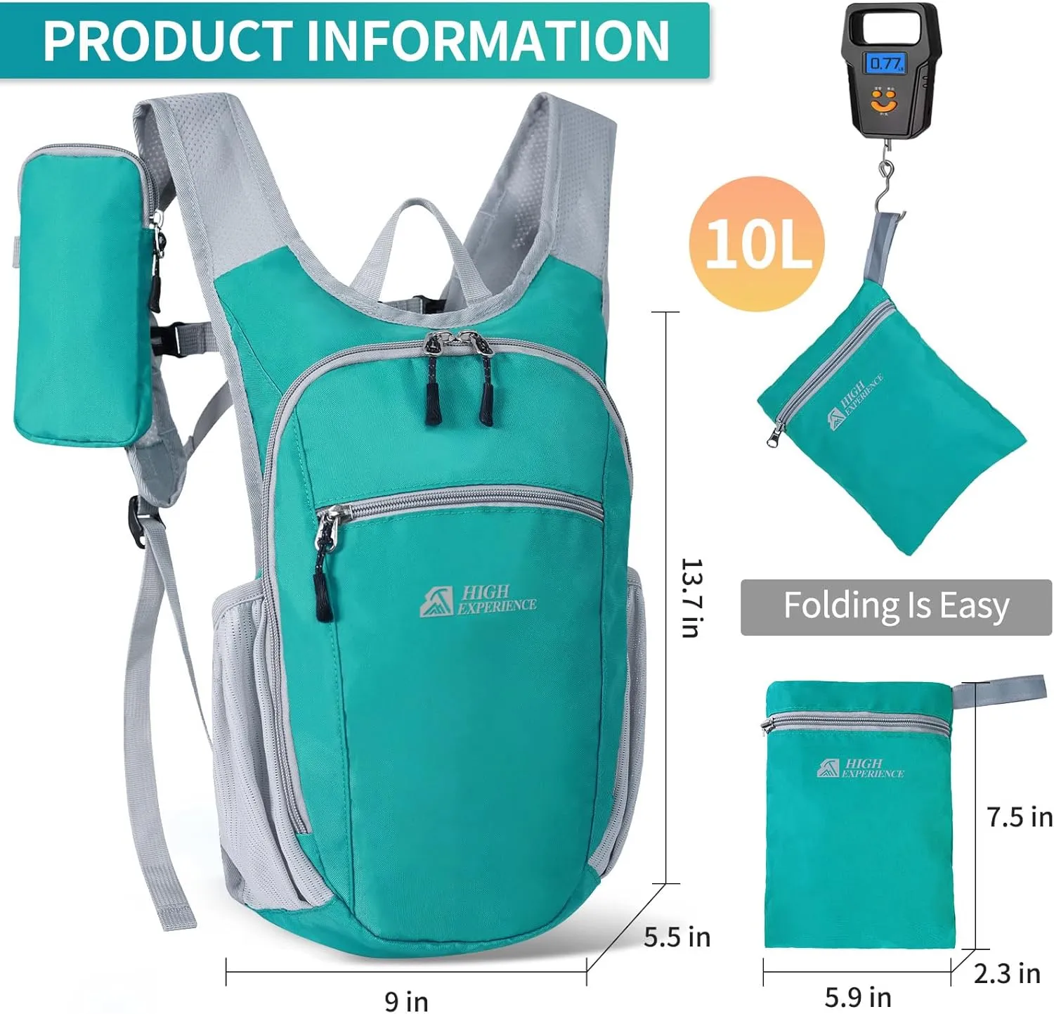 Hiking Backpack 10L/15L Small Daypack Lightweight Packable Travel Foldable Water Resistan for Women Men (Lake Green, 10L)