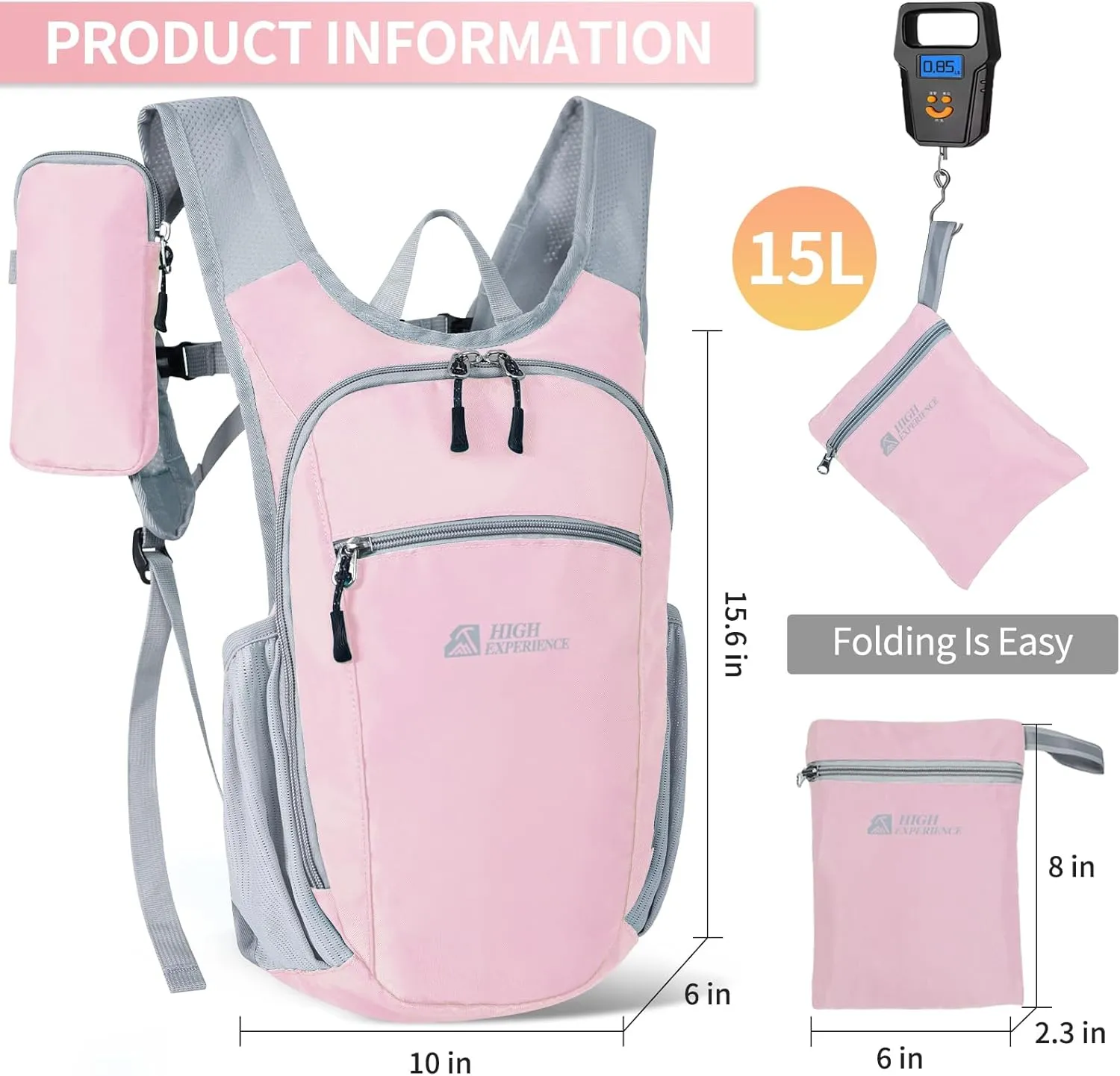 Hiking Backpack 10L/15L Small Daypack Lightweight Packable Travel Foldable Water Resistan for Women Men (Pink, 15L)
