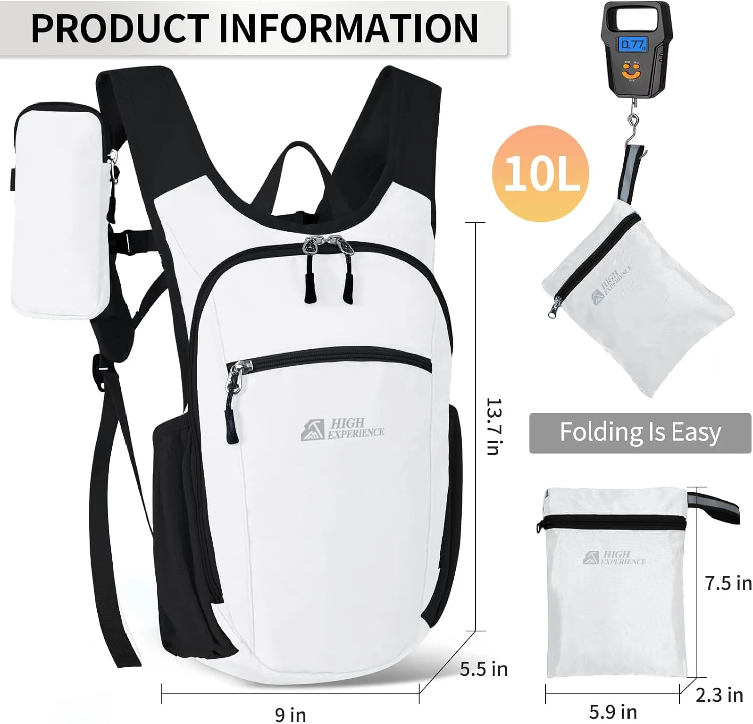 Hiking Backpack 10L/15L Small Daypack Lightweight Packable Travel Foldable Water Resistan for Women Men (White, 10L)