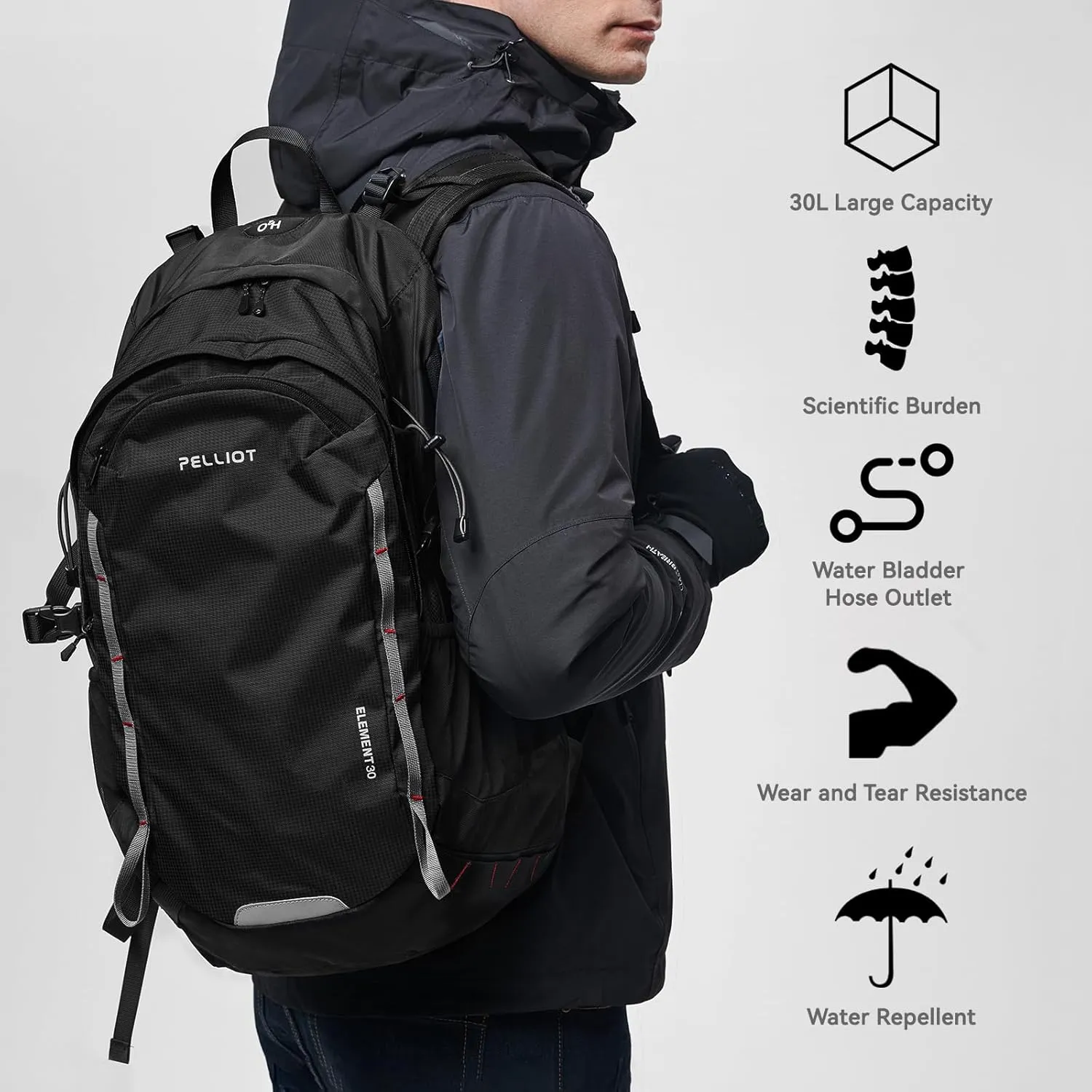 Hiking Backpack 30L Outdoor Camping Back Pack Waterproof Travel Daypack with Rain Cover for Women Men Black