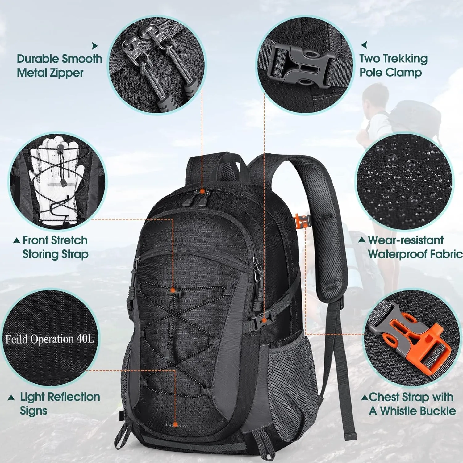 Hiking Backpack 40L Waterproof Camping Backpack Lightweight Packable Backpack for Women Men Outdoor Travel Daypack