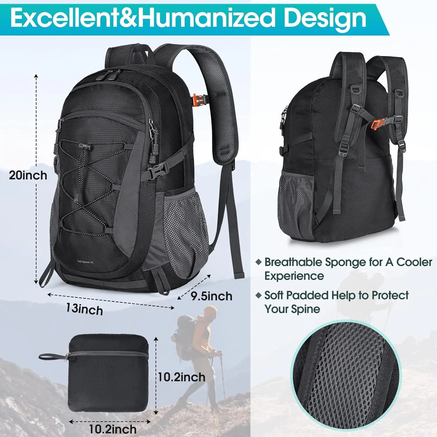 Hiking Backpack 40L Waterproof Camping Backpack Lightweight Packable Backpack for Women Men Outdoor Travel Daypack