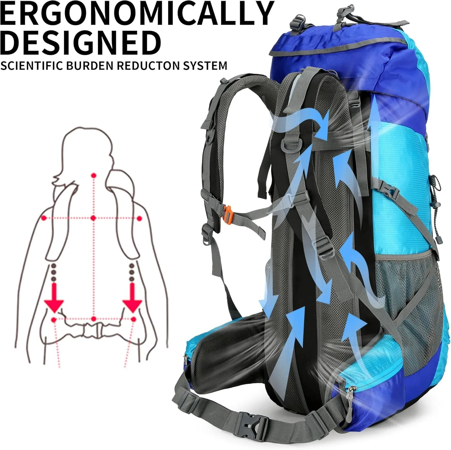 Hiking Backpack for Men and Women 70L 5L Waterproof Lightweight Camping Daypack with Rain Cover for Outdoor Travel Mountaineering - Frameless (Blue)