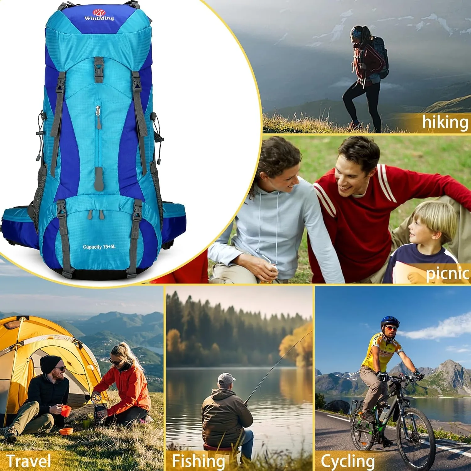 Hiking Backpack for Men and Women 70L 5L Waterproof Lightweight Camping Daypack with Rain Cover for Outdoor Travel Mountaineering - Frameless (Blue)