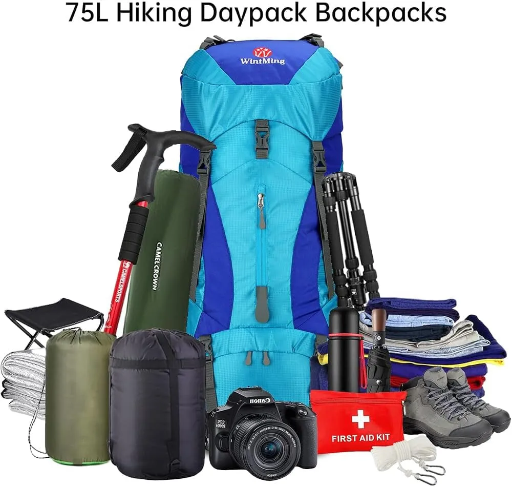 Hiking Backpack for Men and Women 70L 5L Waterproof Lightweight Camping Daypack with Rain Cover for Outdoor Travel Mountaineering - Frameless (Blue)