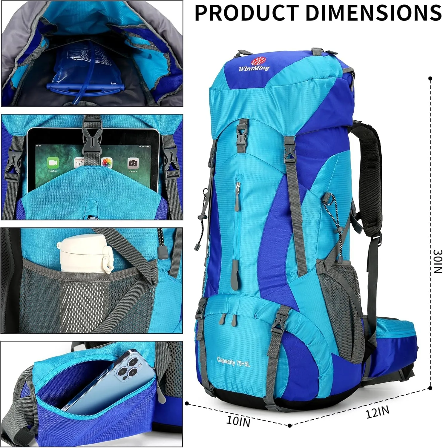 Hiking Backpack for Men and Women 70L 5L Waterproof Lightweight Camping Daypack with Rain Cover for Outdoor Travel Mountaineering - Frameless (Blue)