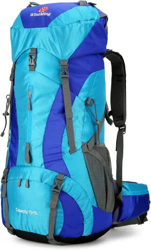 Hiking Backpack for Men and Women 70L 5L Waterproof Lightweight Camping Daypack with Rain Cover for Outdoor Travel Mountaineering - Frameless (Blue)