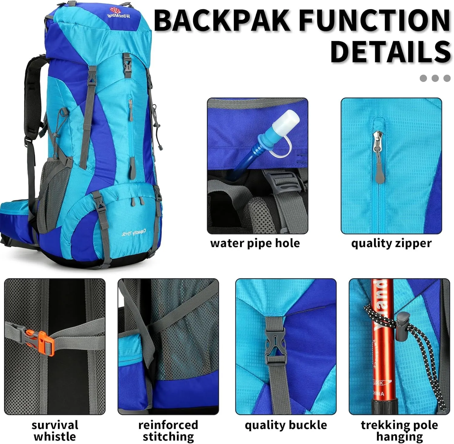 Hiking Backpack for Men and Women 70L 5L Waterproof Lightweight Camping Daypack with Rain Cover for Outdoor Travel Mountaineering - Frameless (Blue)