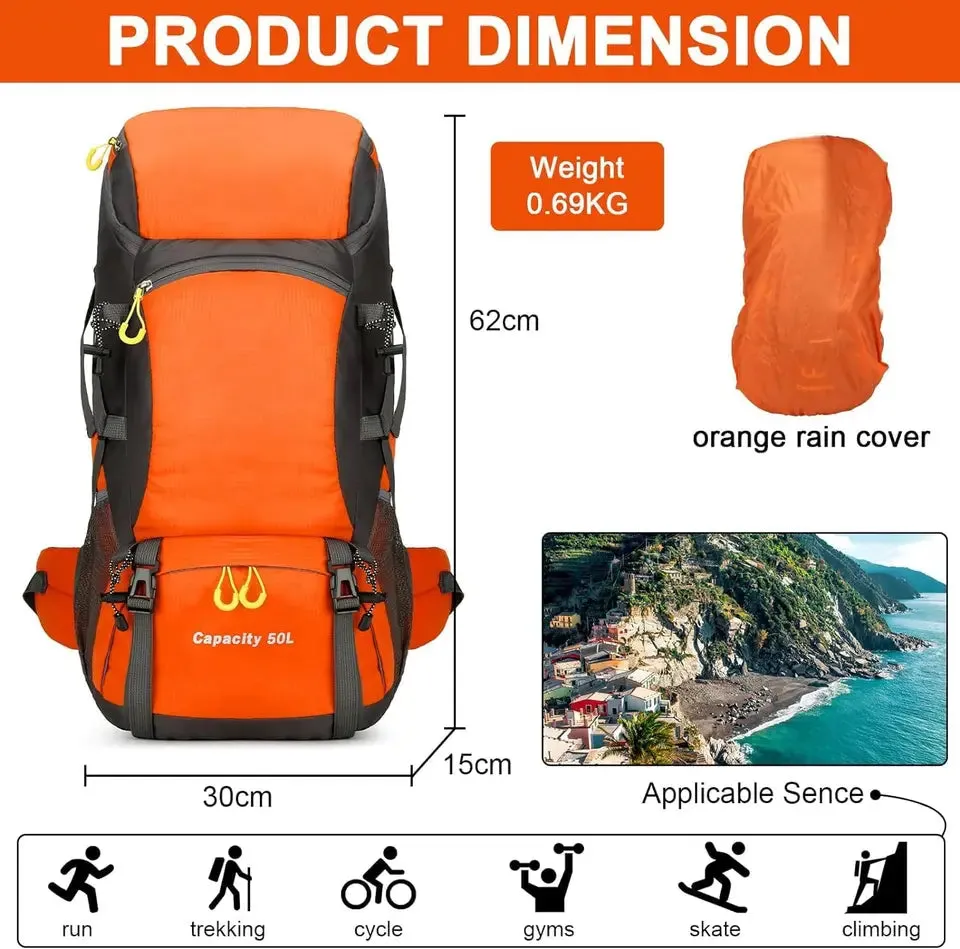 Hiking Backpack Waterproof 50L Lightweight Travel BackpackRain Cover for Camping Trekking Hiking Walking Outdoor Sports