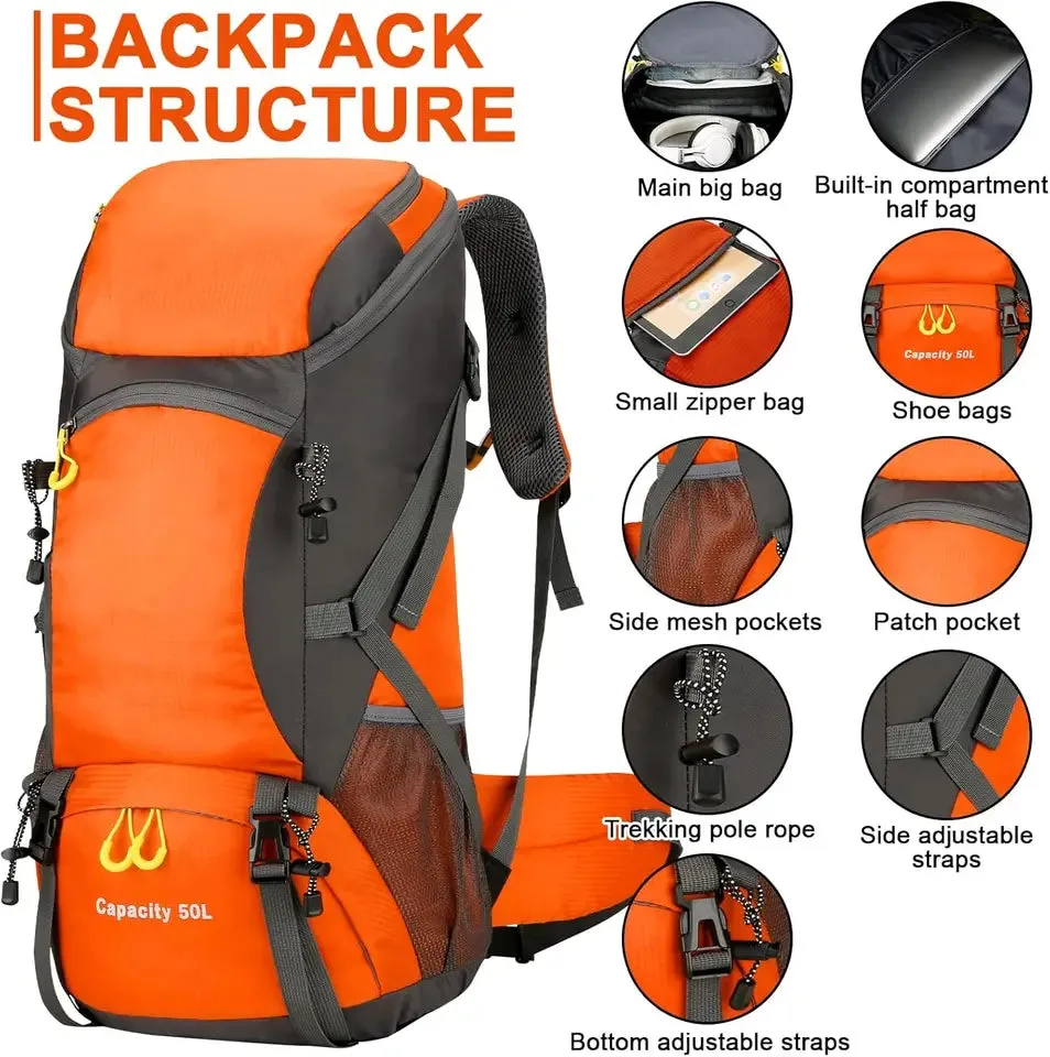 Hiking Backpack Waterproof 50L Lightweight Travel BackpackRain Cover for Camping Trekking Hiking Walking Outdoor Sports
