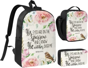His Eyes Are On The Sparrow 3-Piece Backpack Set – Lightweight backpack, Insulated Lunch Bag & Pencil Case, Durable Oxford for Travel/Work