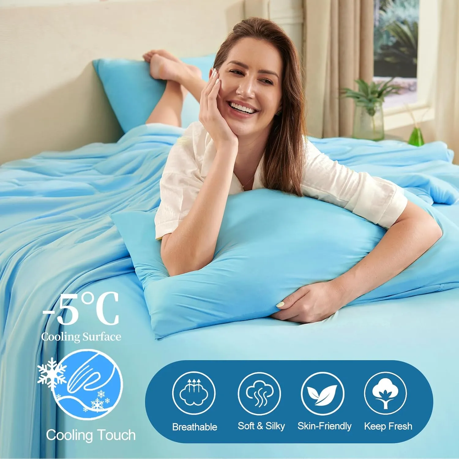 HLLBLL® Cooling Comforter, Ultra Cold Fiber Technology, All-Season Lightweight Blanket to Quickly Cool Down,Deep Sleep Throughout The Night (Aqua Blue, Full/Queen (90"x90"))