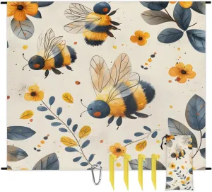 Honey Bees Flowers Beach Blanket, Sandproof Beach Mat, Adults Waterproof Quick Drying Sand Free Mat with 4 x Ground Spikes for Outdoor Travel Camping Hiking, Cute Bee