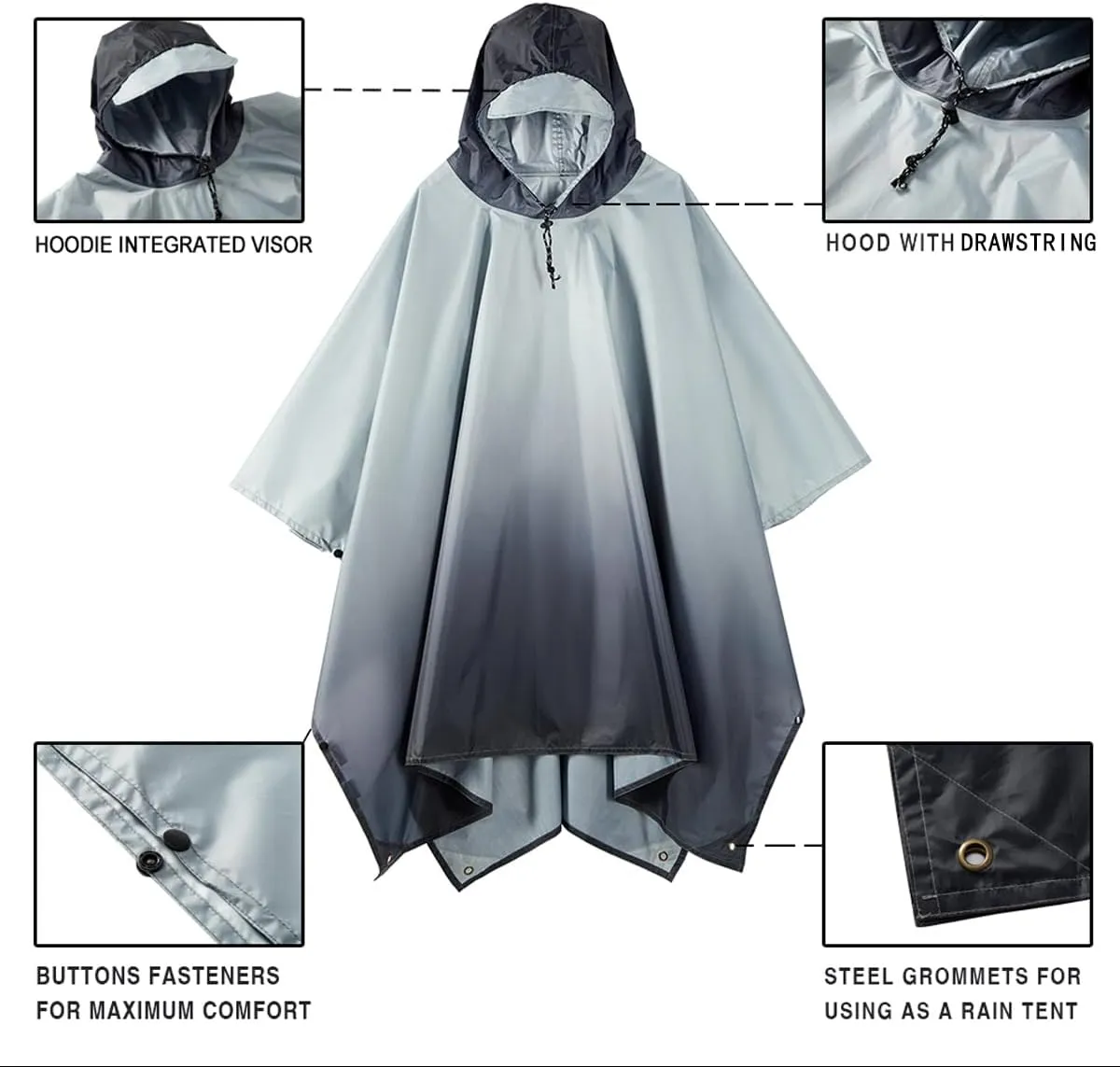 Hooded Rain Poncho for Adult, Waterproof Lightweight Raincoat for Hiking Camping