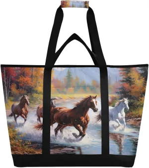 Horses Eunning Tream Reusable Insulated Lunchbox Cooler Bag, Leakproof Kitchen Grocery Bag Collapsible Portable Cooler Tote Bag for Picnic, Camping, Office, Travel