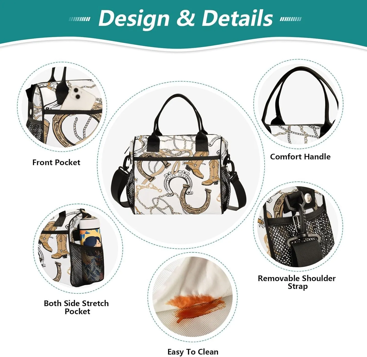 Horseshoe Chains Insulated Lunch Box Bag for Women Men Lunchbox Reusable Lunch Tote Bag Large Capacity with Adjustable Strap for Adult Work Travel, 9L