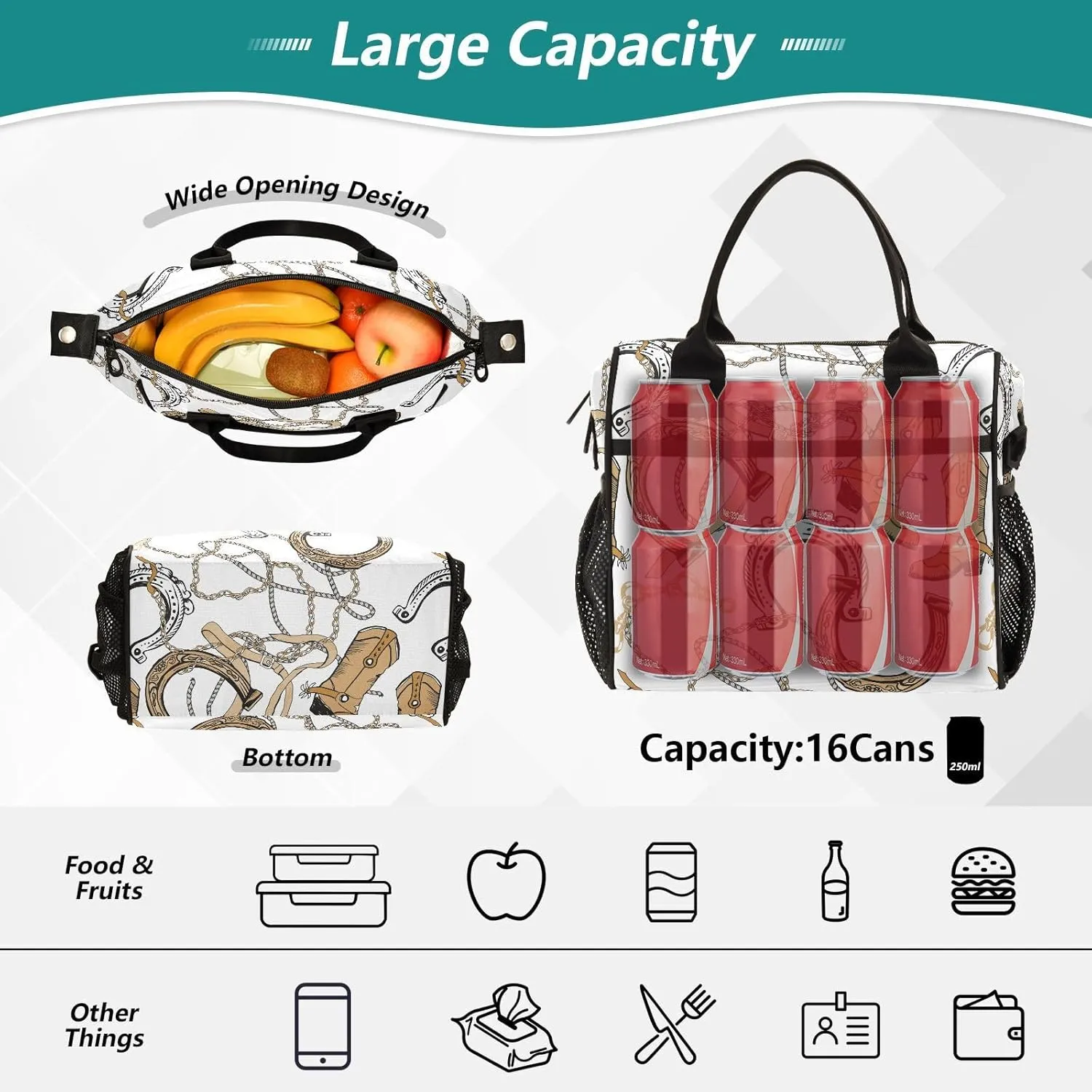 Horseshoe Chains Insulated Lunch Box Bag for Women Men Lunchbox Reusable Lunch Tote Bag Large Capacity with Adjustable Strap for Adult Work Travel, 9L