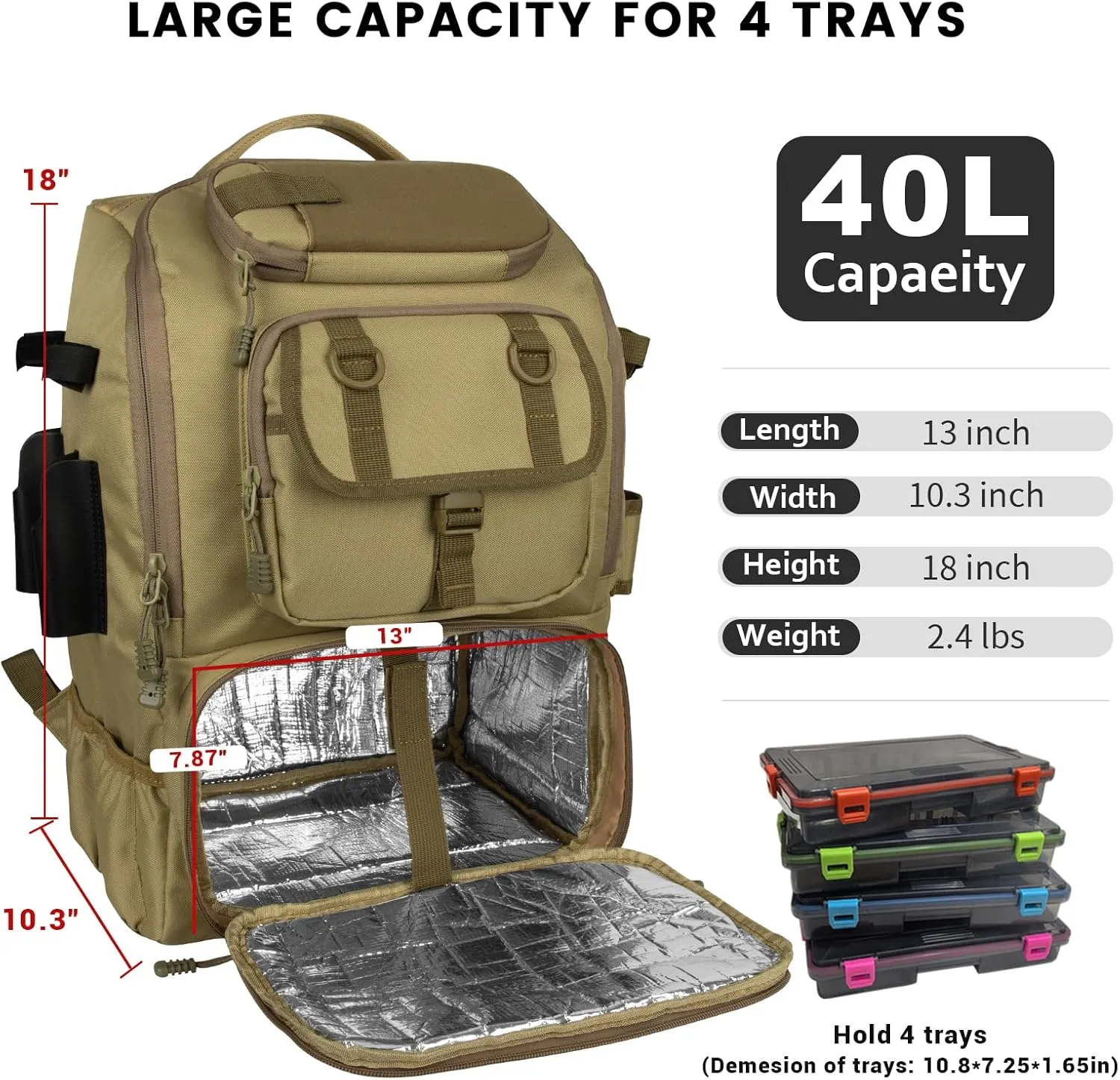 Hp hope Fishing Backpack with Rod Holders & Cooler, 40L Fishing Tackle Bag Fishing Tackle Storage Backpack Fishing Gear for Camping, Khaki