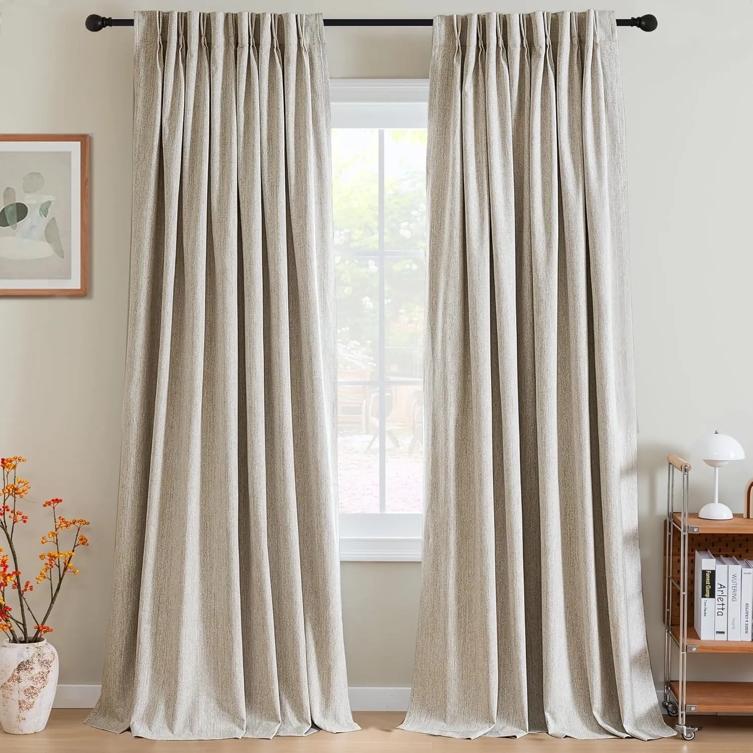 H.VERSAILTEX Pinch Pleated Full Blackout Curtains Linen Blended Chenille Blackout Curtains 84 inch Length 2 Panels Bedroom Thermal Insulated Farmhouse Neutral Track Drapes with Hooks, Heather Natural