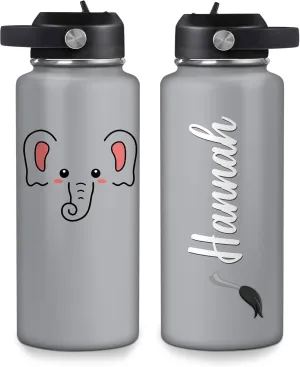 Hyturtle Personalized Elephant Water Bottle - Insulated Stainless Steel Bottle with Leak-Proof Lid 18oz 32oz - Floral Gift for Elephant Lovers Women, Girls - Birthday & Christmas Gift