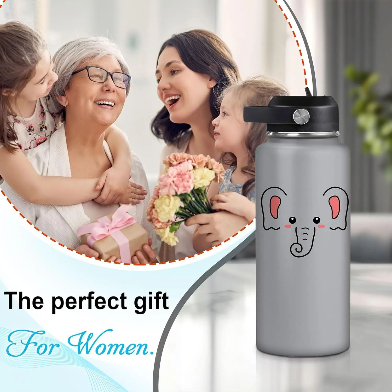 Hyturtle Personalized Elephant Water Bottle - Insulated Stainless Steel Bottle with Leak-Proof Lid 18oz 32oz - Floral Gift for Elephant Lovers Women, Girls - Birthday & Christmas Gift
