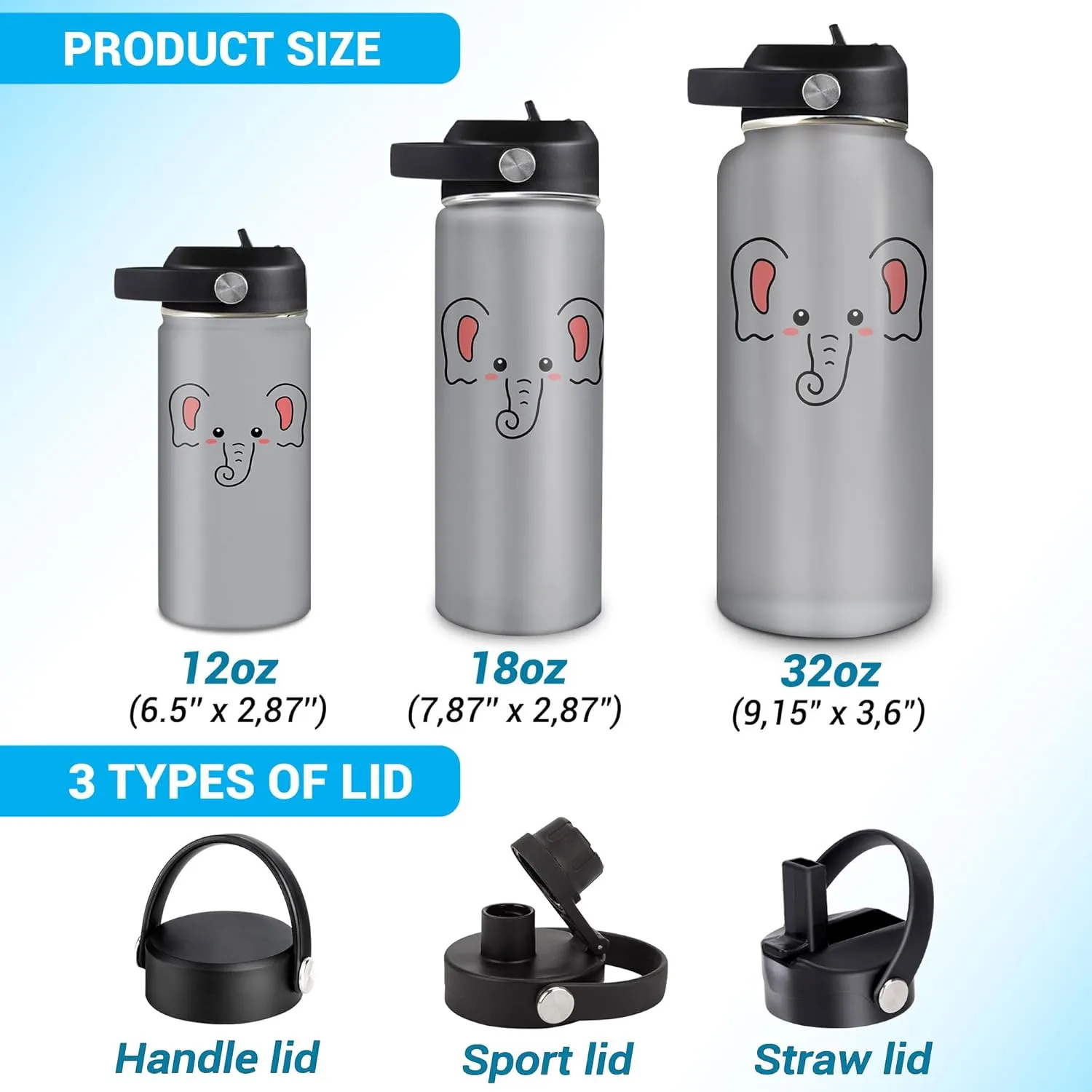 Hyturtle Personalized Elephant Water Bottle - Insulated Stainless Steel Bottle with Leak-Proof Lid 18oz 32oz - Floral Gift for Elephant Lovers Women, Girls - Birthday & Christmas Gift
