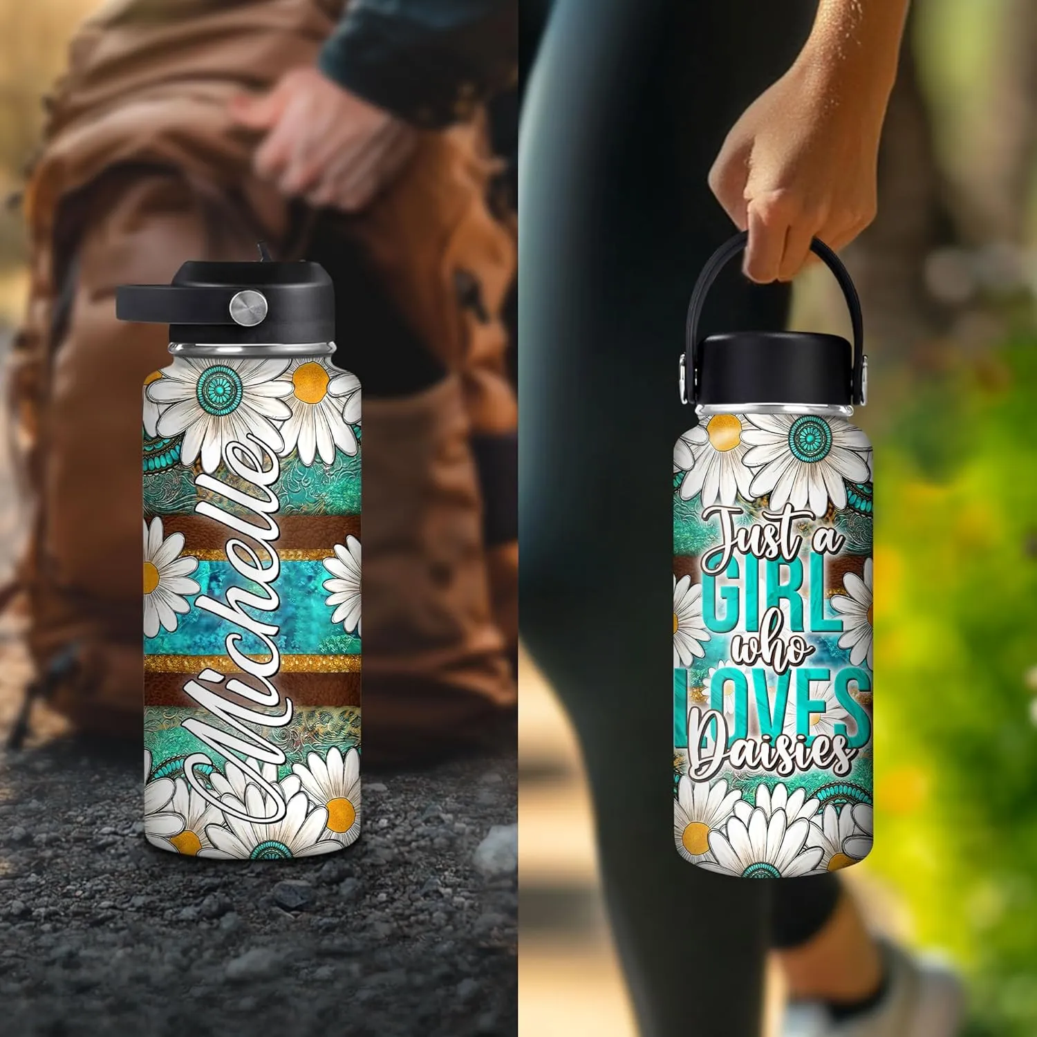 Hyturtle Personalized Gifts For Daisy Flower Lover - White Daisy Flower Print Custom Name Stainless Steel Water Bottle 12oz 18oz 32oz Stainless Steel Bottle With Straw Lid - Gifts For Her Women Girl