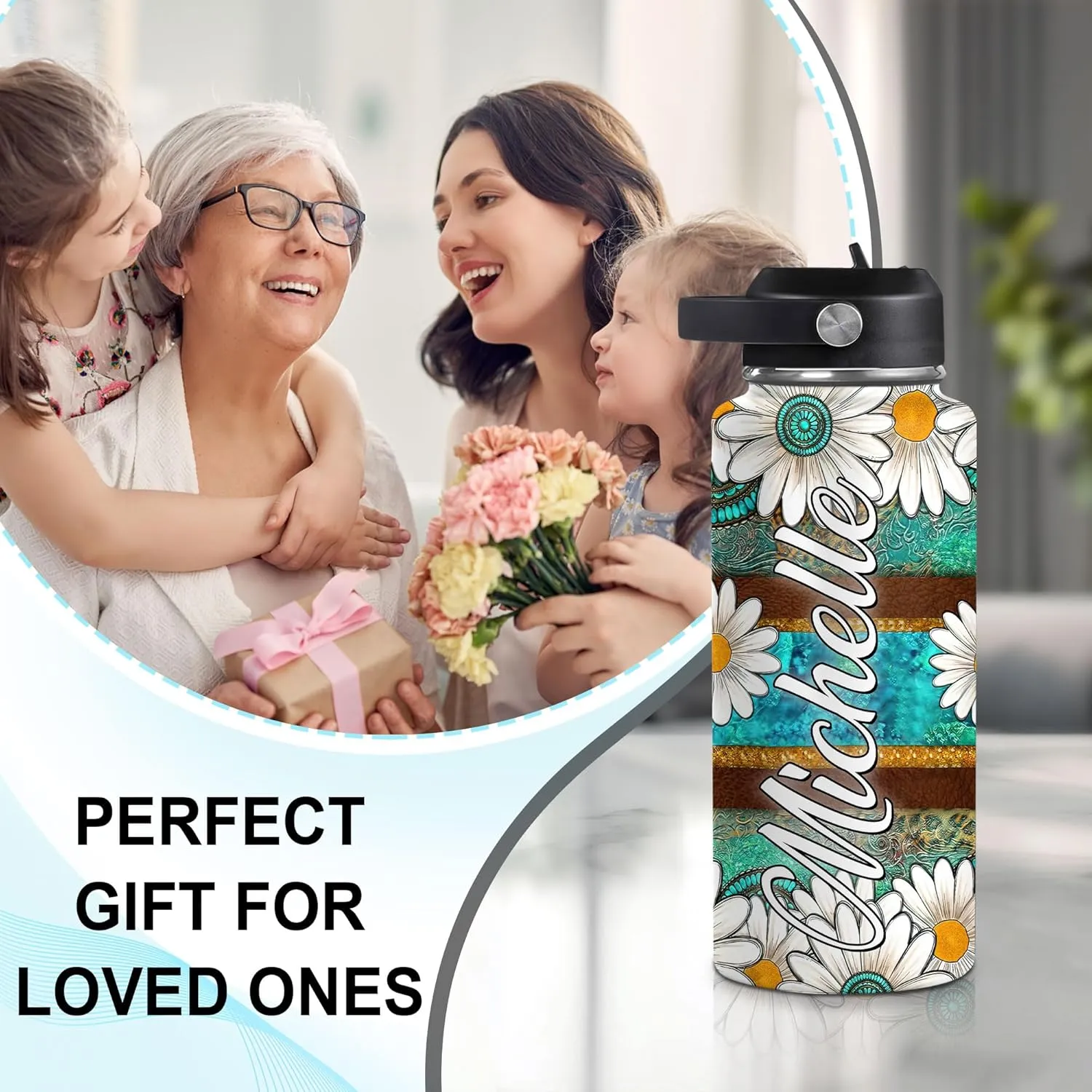 Hyturtle Personalized Gifts For Daisy Flower Lover - White Daisy Flower Print Custom Name Stainless Steel Water Bottle 12oz 18oz 32oz Stainless Steel Bottle With Straw Lid - Gifts For Her Women Girl